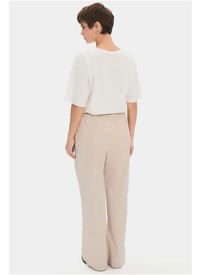 JUNE June Women 100% Cotton Elastic Waist Trouser Stone