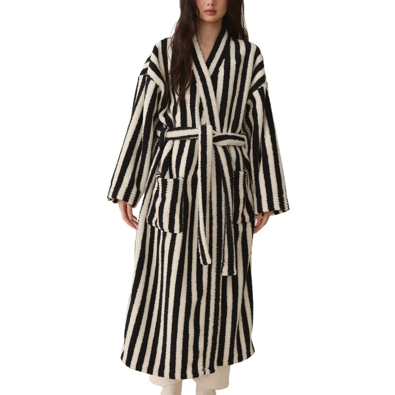 Homgro Women's Fuzzy Fleece Long Robe Striped Long Sleeve Plush Kimono Warm Winter Thick Fluffy Oversized Cozy Pockets Belted Hot Tub Bath SPA V Neck Loungewear Maxi Bathrobe Black Large - Image 1