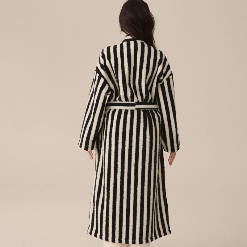 Homgro Women's Fuzzy Fleece Long Robe Striped Long Sleeve Plush Kimono Warm Winter Thick Fluffy Oversized Cozy Pockets Belted Hot Tub Bath SPA V Neck Loungewear Maxi Bathrobe Black Large - Image 2