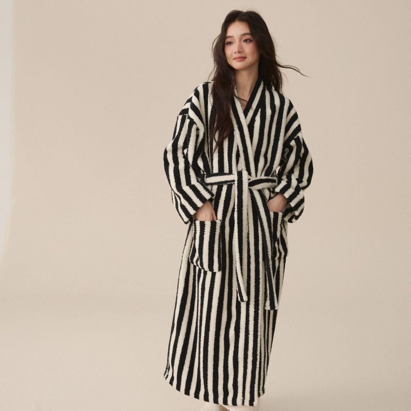 Homgro Women's Fuzzy Fleece Long Robe Striped Long Sleeve Plush Kimono Warm Winter Thick Fluffy Oversized Cozy Pockets Belted Hot Tub Bath SPA V Neck Loungewear Maxi Bathrobe Black Large - Image 5