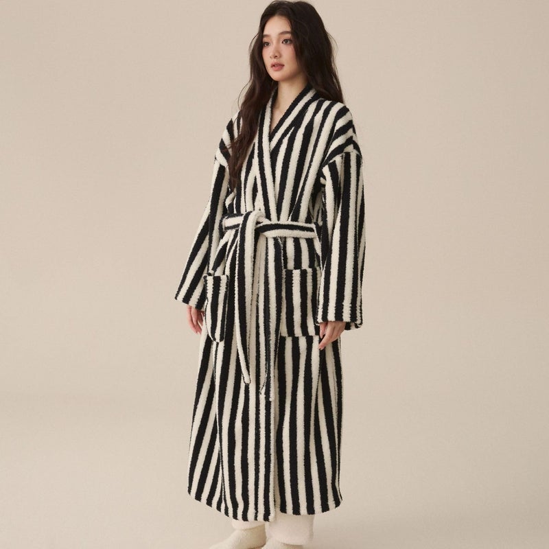 Homgro Women's Fuzzy Fleece Long Robe Striped Long Sleeve Plush Kimono Warm Winter Thick Fluffy Oversized Cozy Pockets Belted Hot Tub Bath SPA V Neck Loungewear Maxi Bathrobe Black Large - Image 3