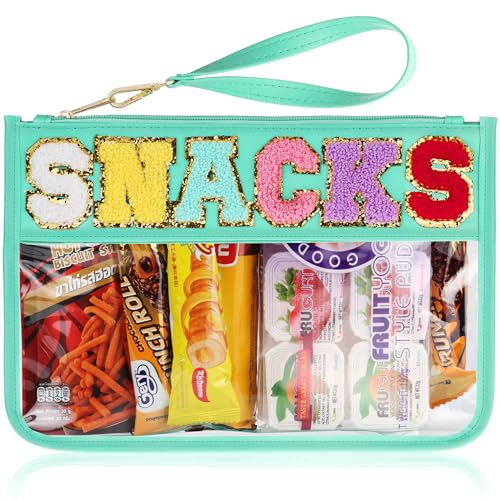 TESAFNG Snack Bag for Travel - Clear Chenille Varsity Letter Flat Pouch with Zipper, Waterproof Clear PVC&PU Preppy Patch Makeup Cosmetic tote Bags for Women (Green-Snacks) - Image 1