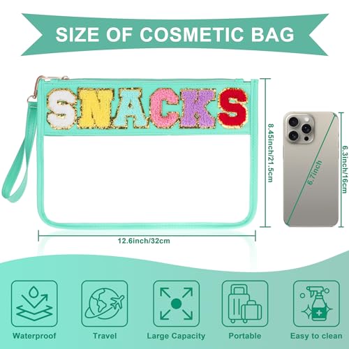 TESAFNG Snack Bag for Travel - Clear Chenille Varsity Letter Flat Pouch with Zipper, Waterproof Clear PVC&PU Preppy Patch Makeup Cosmetic tote Bags for Women (Green-Snacks) - Image 2