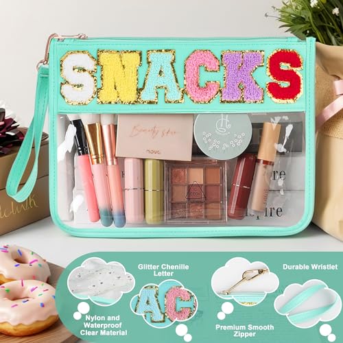TESAFNG Snack Bag for Travel - Clear Chenille Varsity Letter Flat Pouch with Zipper, Waterproof Clear PVC&PU Preppy Patch Makeup Cosmetic tote Bags for Women (Green-Snacks) - Image 3