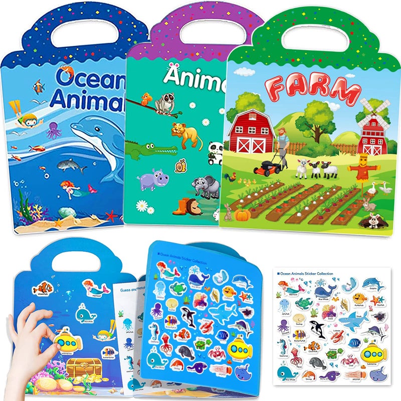 Reusable Sticker Books for Kids 3 Sets Travel Removable Toddler Sticker Books for 3 4 5 Year Old Girls Boys Birthday Gifts Educational Learning Toys for Age 36 Ocean Zoo Animal Farm