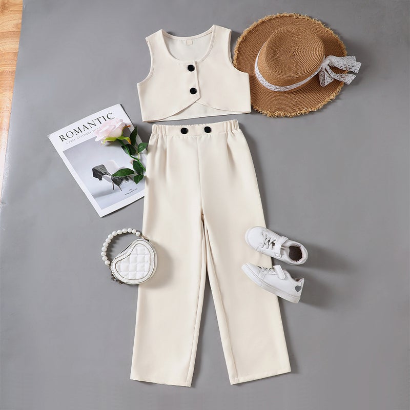 Ew Children'S Wear Big Kids And Girls Spring And Solid Color Vest Trousers Casual Suit Dtz1376-A - Image 2