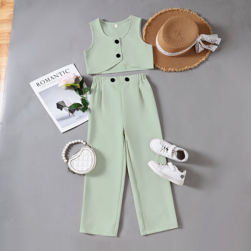 Ew Children'S Wear Big Kids And Girls Spring And Solid Color Vest Trousers Casual Suit Dtz1376-A - Image 4