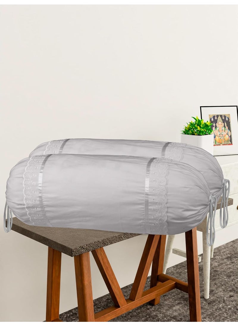 Kuber Industries Kuber Industries Bolster Covers Cotton Bolster Cover Set Diwan Bolster Cover Set Bolster Pillow Cover Plain Lace Print Masand Cover 16x32 Inch Pack of 2 Gray  - Image 2