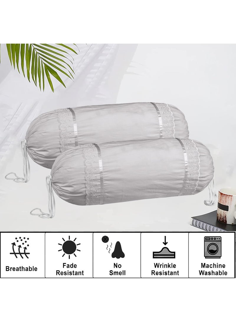 Kuber Industries Kuber Industries Bolster Covers Cotton Bolster Cover Set Diwan Bolster Cover Set Bolster Pillow Cover Plain Lace Print Masand Cover 16x32 Inch Pack of 2 Gray  - Image 5