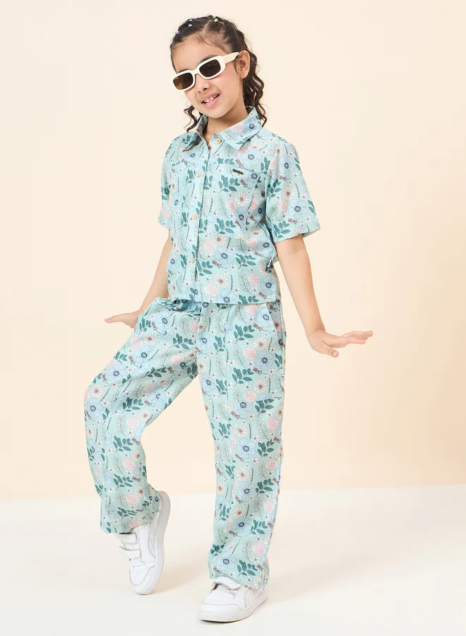 Stylo Bug Girls Green Floral Print Shirt and Pants Set
