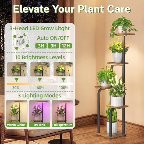 iDavosic.ly Tall Plant Stand Indoor with Grow Light, 4 Tier Corner Multiple Flower Holder Shelf with Wooden Trays, Space Saving Display Rack for Living Room Balcony Patio Porch | Black & Brown - Image 3