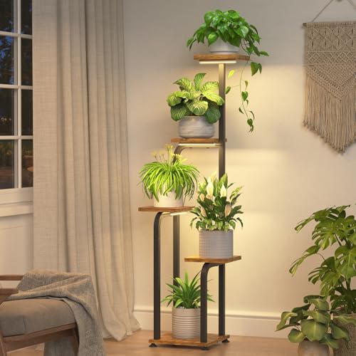iDavosic.ly Tall Plant Stand Indoor with Grow Light, 4 Tier Corner Multiple Flower Holder Shelf with Wooden Trays, Space Saving Display Rack for Living Room Balcony Patio Porch | Black & Brown - Image 1