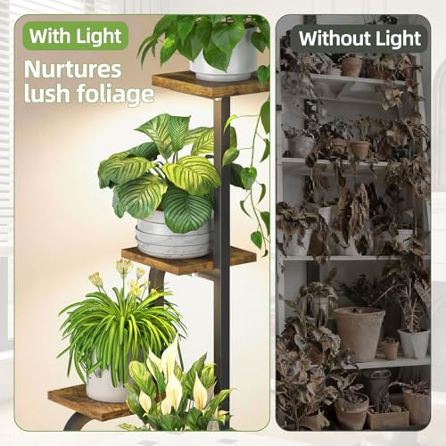 iDavosic.ly Tall Plant Stand Indoor with Grow Light, 4 Tier Corner Multiple Flower Holder Shelf with Wooden Trays, Space Saving Display Rack for Living Room Balcony Patio Porch | Black & Brown - Image 5