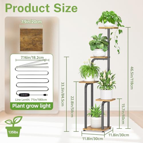iDavosic.ly Tall Plant Stand Indoor with Grow Light, 4 Tier Corner Multiple Flower Holder Shelf with Wooden Trays, Space Saving Display Rack for Living Room Balcony Patio Porch | Black & Brown - Image 2