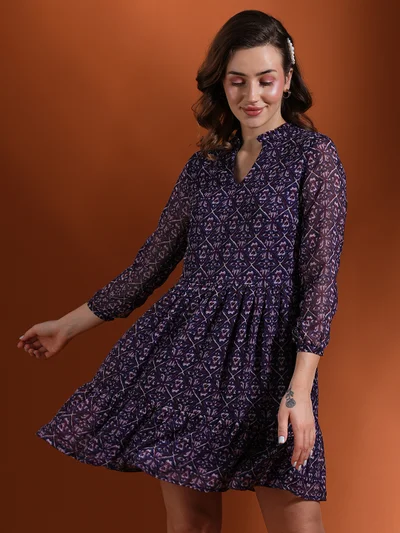 globus Women Floral Printed Mandarin Collar Georgette Fit & Flare Dress
