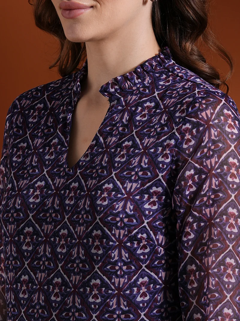 globus Women Floral Printed Mandarin Collar Georgette Fit & Flare Dress