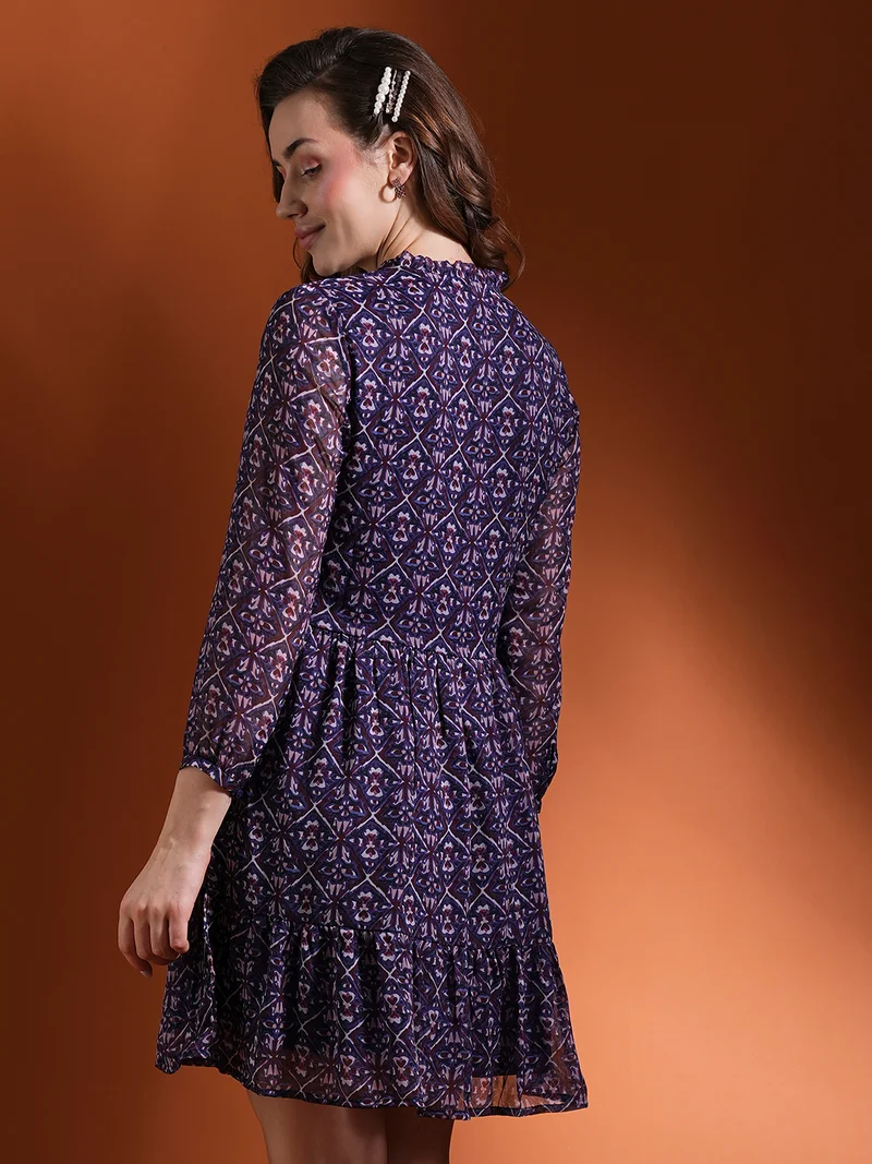 globus Women Floral Printed Mandarin Collar Georgette Fit & Flare Dress
