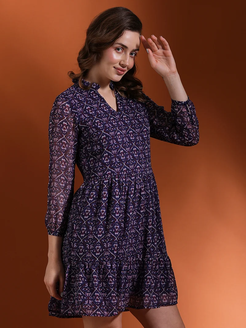 globus Women Floral Printed Mandarin Collar Georgette Fit & Flare Dress
