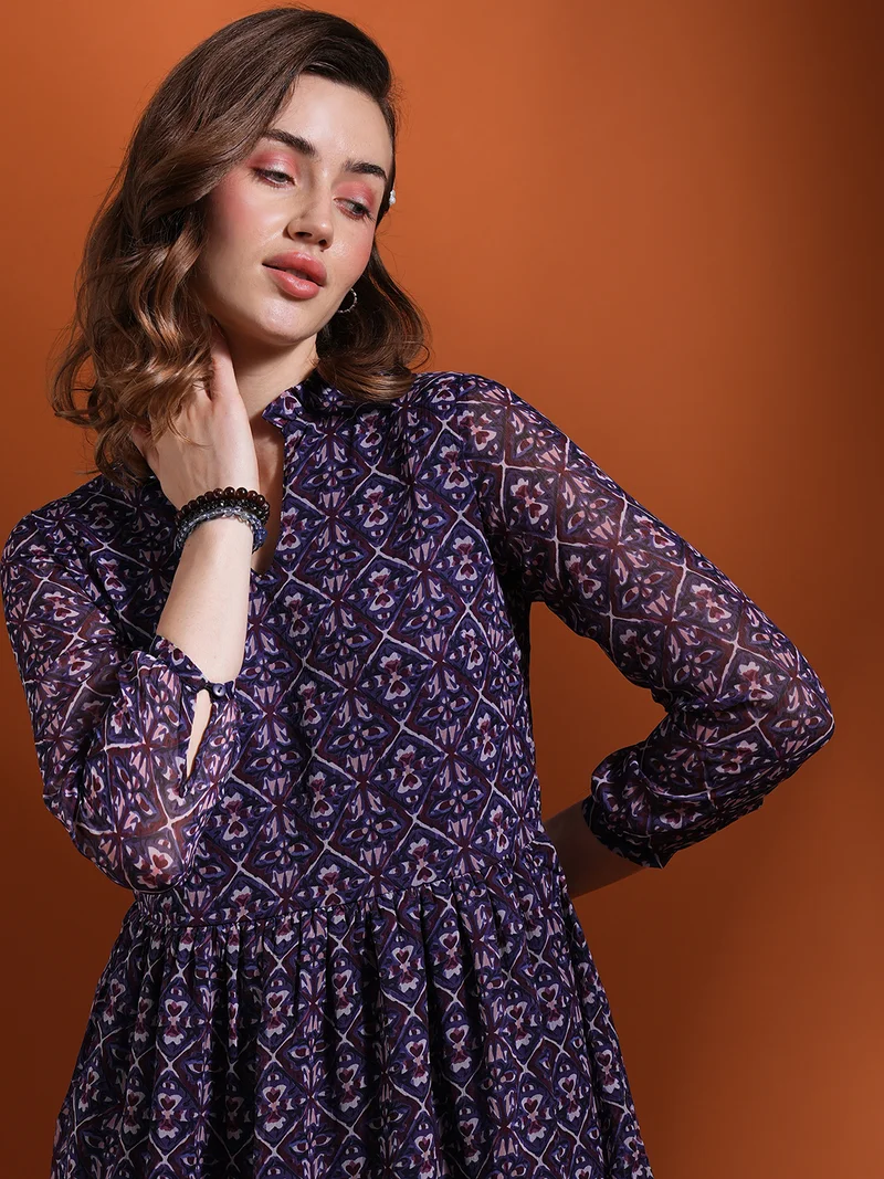 globus Women Floral Printed Mandarin Collar Georgette Fit & Flare Dress