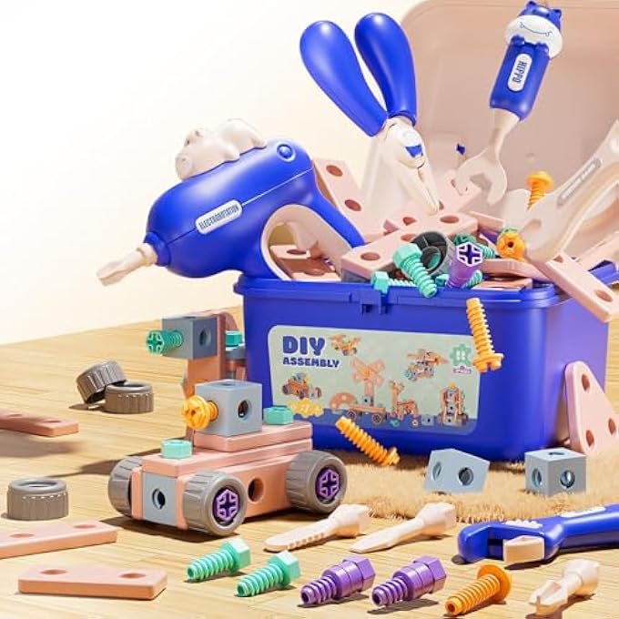 KIDS TOOL SET, TODDLER DRILL AND SCREW TOYS, PRETEND PLAY CONSTRUCTION TOYS TOOLS WITH PORTABLE TOOL BOX & ELECTRONIC TOY DRILL, CHRISTMAS BIRTHDAY FAMILY DAY GIFTS FOR AGES 3-8 YEAR OLD - Image 1