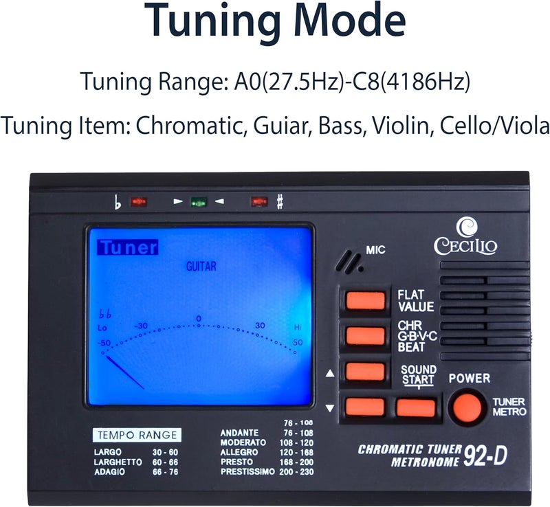 Cecilio Digital Metronome Tuner 2 in 1, Chromatic Tuner with Metronome for Guitar, Bass, Violin, Ukulele, High Visibility LCD, Precision Calibration - Image 3
