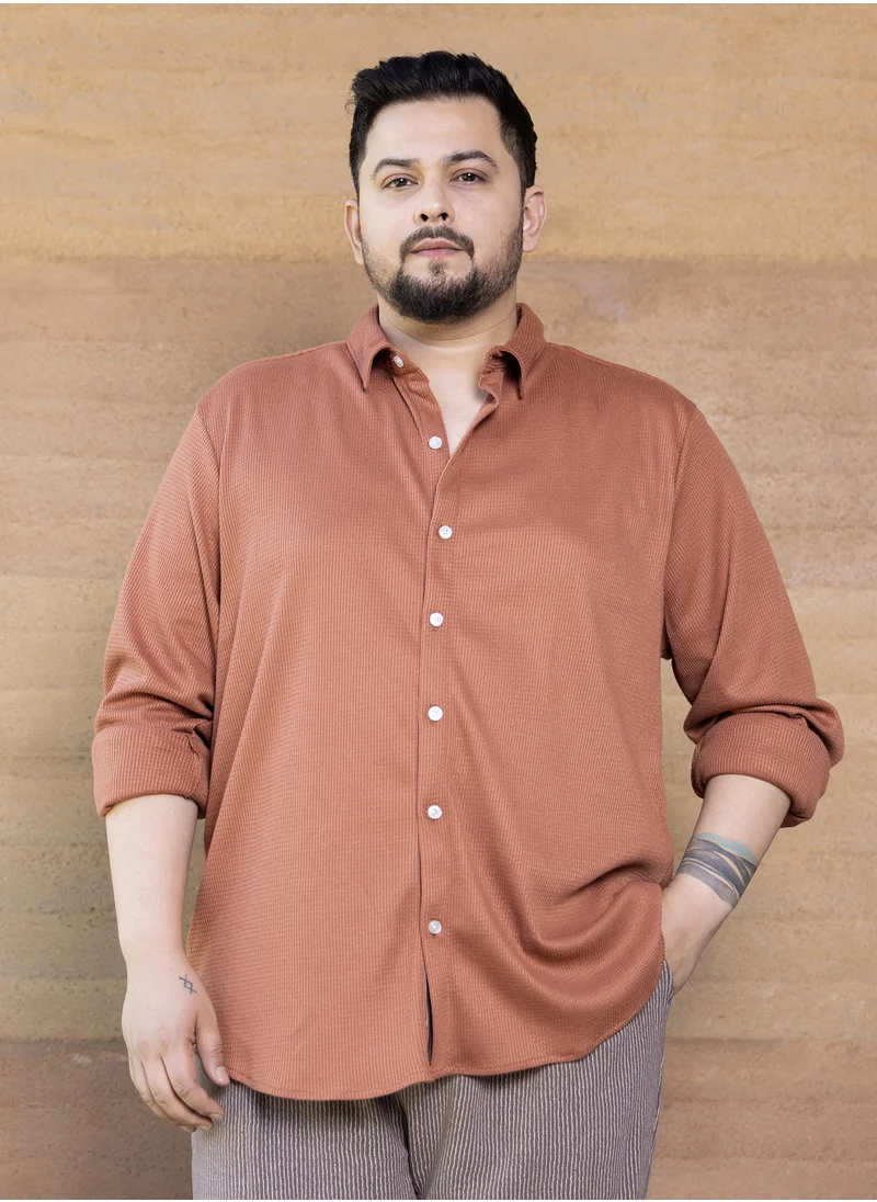 انستافاب بلس Instafab Plus Men's Burnt Sienna Waffle-Knit Shirt For Casual Wear | Spread Collar | Long Cuffed Sleeves | Button Closure | Plus Size Shirt Crafted With Comfort Fit For Everyday Wear