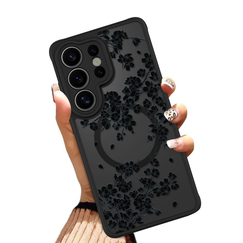 OOK Case Fit for Samsung Galaxy S26 Ultra 6.9 Inch (Wireless Charging Compatible) Black Floral Flowers Design Translucent Phone Cover Soft TPU + Hard PC Anti-Scratch Shockproof Magnetic Case for Women - Image 1