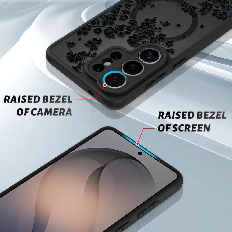 OOK Case Fit for Samsung Galaxy S26 Ultra 6.9 Inch (Wireless Charging Compatible) Black Floral Flowers Design Translucent Phone Cover Soft TPU + Hard PC Anti-Scratch Shockproof Magnetic Case for Women - Image 3