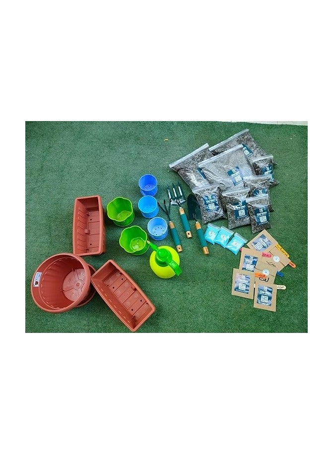 مجموعة لوازم البستنة لمشاركتها مع اطفالك، اوعية نباتات قابلة لاعادة الاستخدام، عبوات بذور، ادوات حديقة، مرشات - Image 1