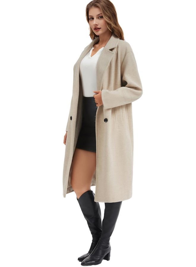 Flygo Women's Long Pea Coat Double Breasted Notch Lapel Trench Coat Office Work Peacoat Jacket Dress Coat, Oatmeal, XL - Image 3