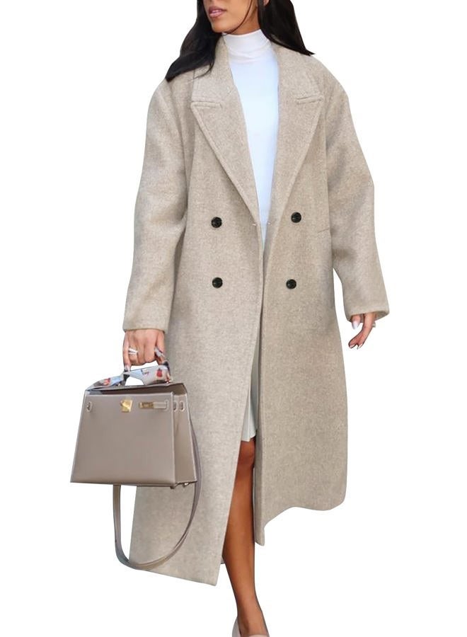 Flygo Women's Long Pea Coat Double Breasted Notch Lapel Trench Coat Office Work Peacoat Jacket Dress Coat, Oatmeal, XL - Image 1