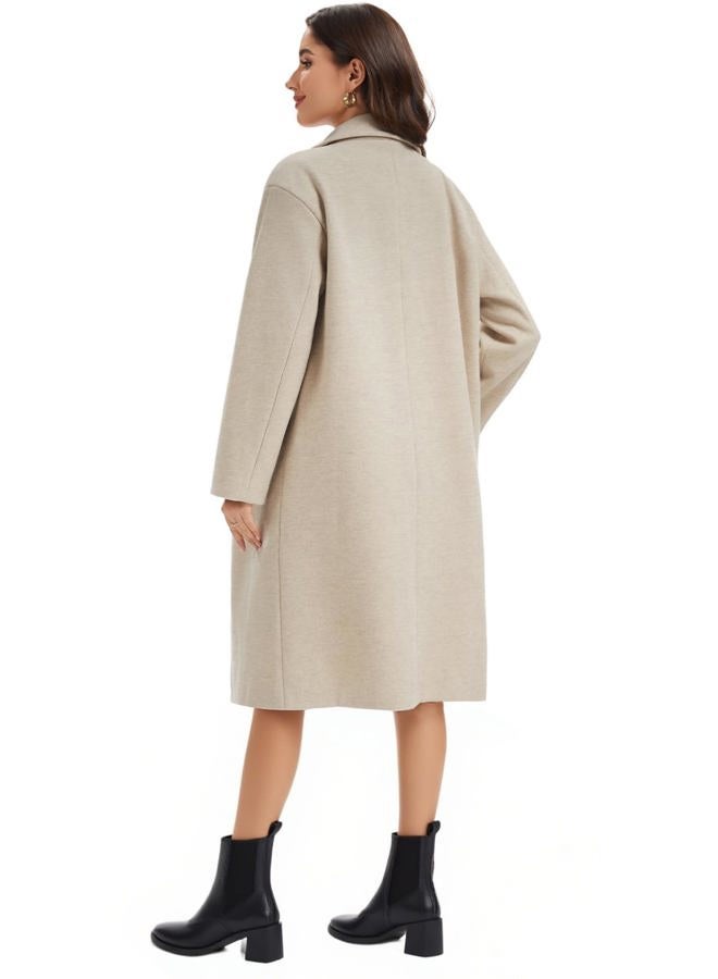Flygo Women's Long Pea Coat Double Breasted Notch Lapel Trench Coat Office Work Peacoat Jacket Dress Coat, Oatmeal, XL - Image 4