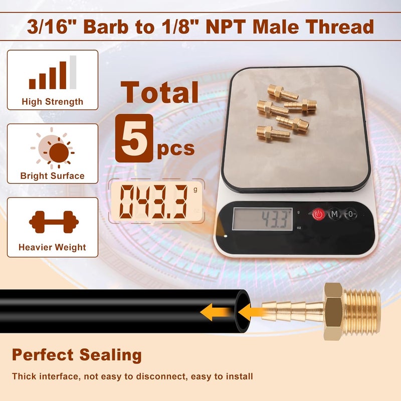 boeray 5 قطع تركيبات خرطوم نحاسية 3/16 بوصة إلى 1/8 بوصة خيوط ذكر NPT تركيبات خرطوم الهواء محول موصل مياه وقود هواء - Image 5