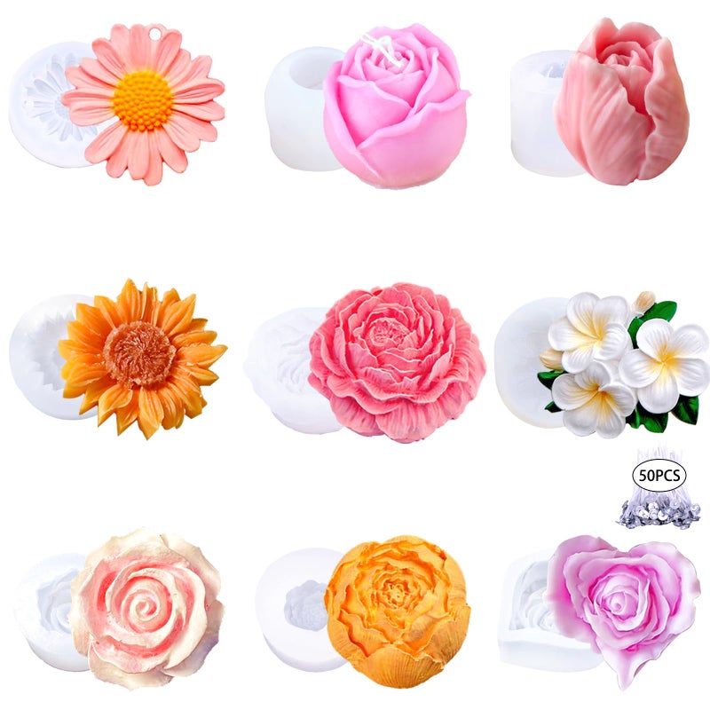 Aifong 9 PCS Flower Candle Molds for Valentineâ€˜s Day Rose Tulip Silicone Candle Mold Flower Shapes Moldes De Rosas Silicona para Velas for Soy Wax, Beeswax, Candle Making, Resin Craft - Image 1