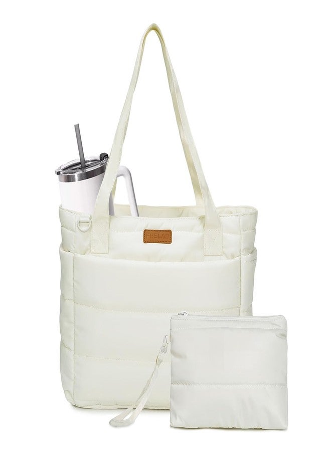 FHELAD Puffer Tote Bag for Women, Large Quilted Puffer Work Tote Bag with Zipper & Cup Holder for Nurse Teacher, Lightweight Travel Puffy Shoulder Bag for Clinical Gym (Beige) - Image 1