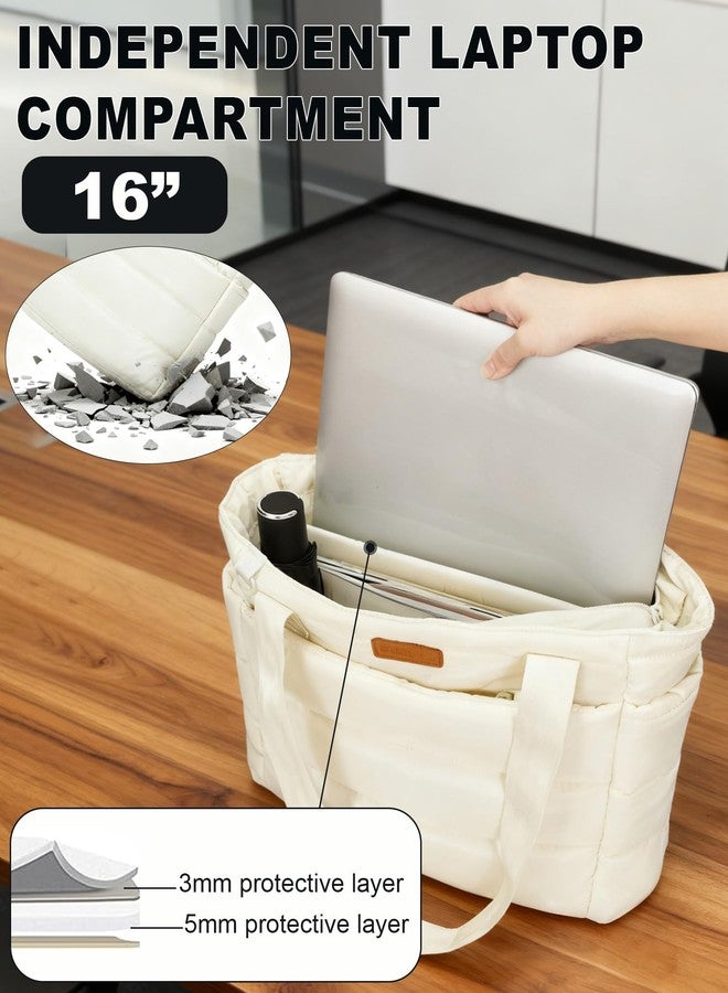FHELAD Puffer Tote Bag for Women, Large Quilted Puffer Work Tote Bag with Zipper & Cup Holder for Nurse Teacher, Lightweight Travel Puffy Shoulder Bag for Clinical Gym (Beige) - Image 5