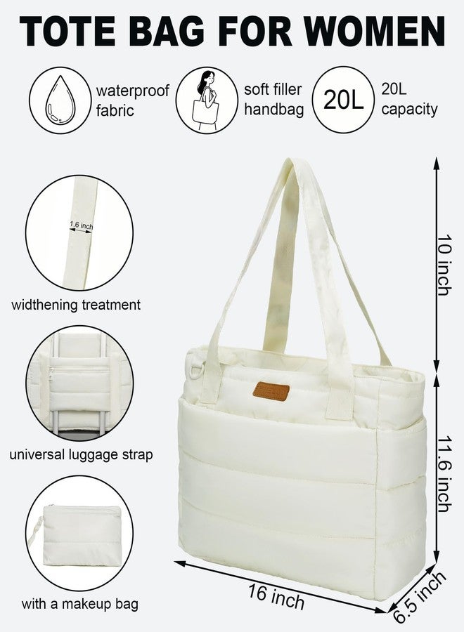FHELAD Puffer Tote Bag for Women, Large Quilted Puffer Work Tote Bag with Zipper & Cup Holder for Nurse Teacher, Lightweight Travel Puffy Shoulder Bag for Clinical Gym (Beige) - Image 2