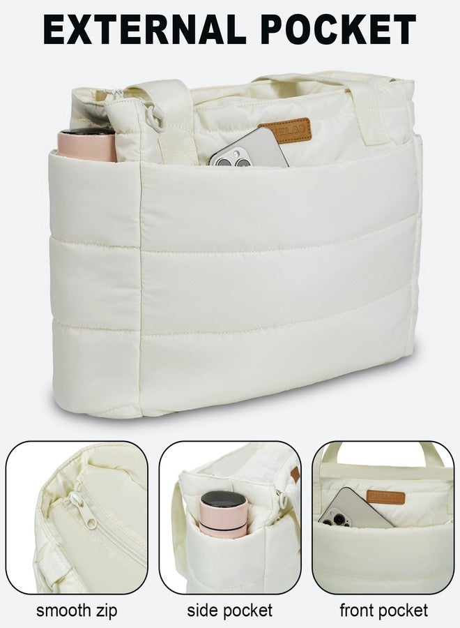 FHELAD Puffer Tote Bag for Women, Large Quilted Puffer Work Tote Bag with Zipper & Cup Holder for Nurse Teacher, Lightweight Travel Puffy Shoulder Bag for Clinical Gym (Beige) - Image 4