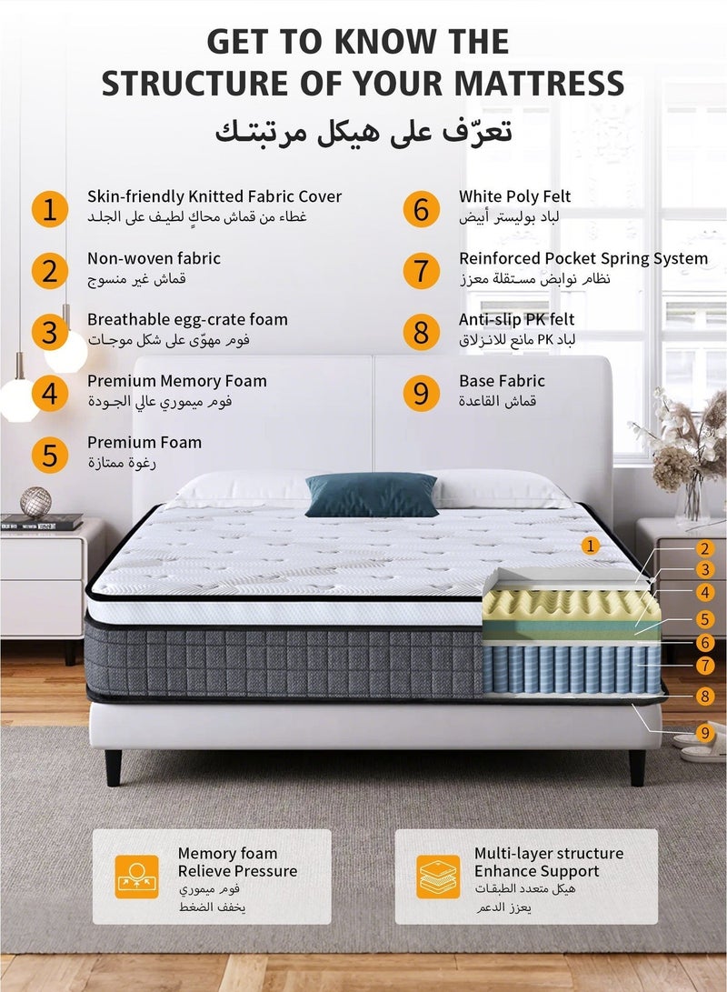 Ageye 120x200x25cm Hybrid Mattress 9-Layer Comfort System, Pocket Spring & Memory Foam, Breathable Fabric for Cool Sleep, Pressure Relief & Full-body Wrap, Motion Isolation for Undisturbed Night, Extra Thickness & Medium Firm, OEKO-TEX & CertiPUR-US Certified, Double Size - Image 3