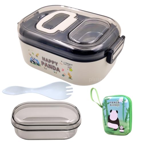 PLUSPOINT Panda Stainless Steel Cute Cartoon Lunch Box for Kids Microwave Safe Insulated Tiffin Box Tableware Set Portable Containers Tiffin Box for School Boys, Girls (Panda) 700 ML - Image 1