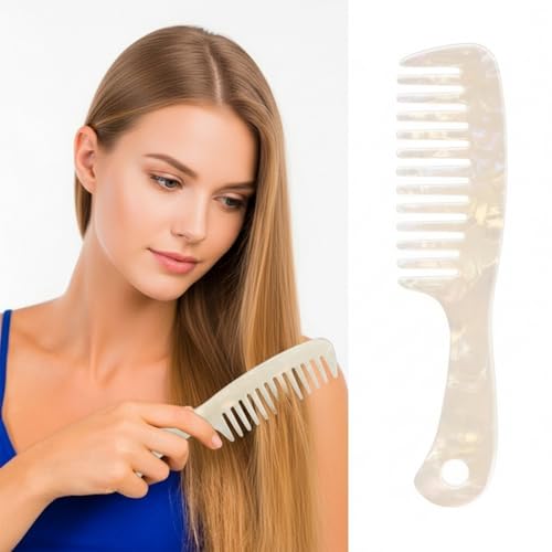 LADYAMZ Large Wide Tooth Hair Comb LADYAMZ Tortoise Shell Cellulose Acetate Round Tooth Comb for StraightCurly HairShortLong Hair Women Men or Kids Easy Detangling Wet or Dry Antistatic White - Image 1