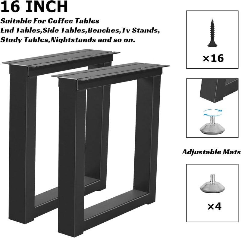 YCFHFC Metal Table Legs 16 Inch Bench Feets, Square End & Coffee Table Legs for DIY Furniture Office Desk Chair Feets, Set of 2 (H16 x W11.8, Black) - Image 4