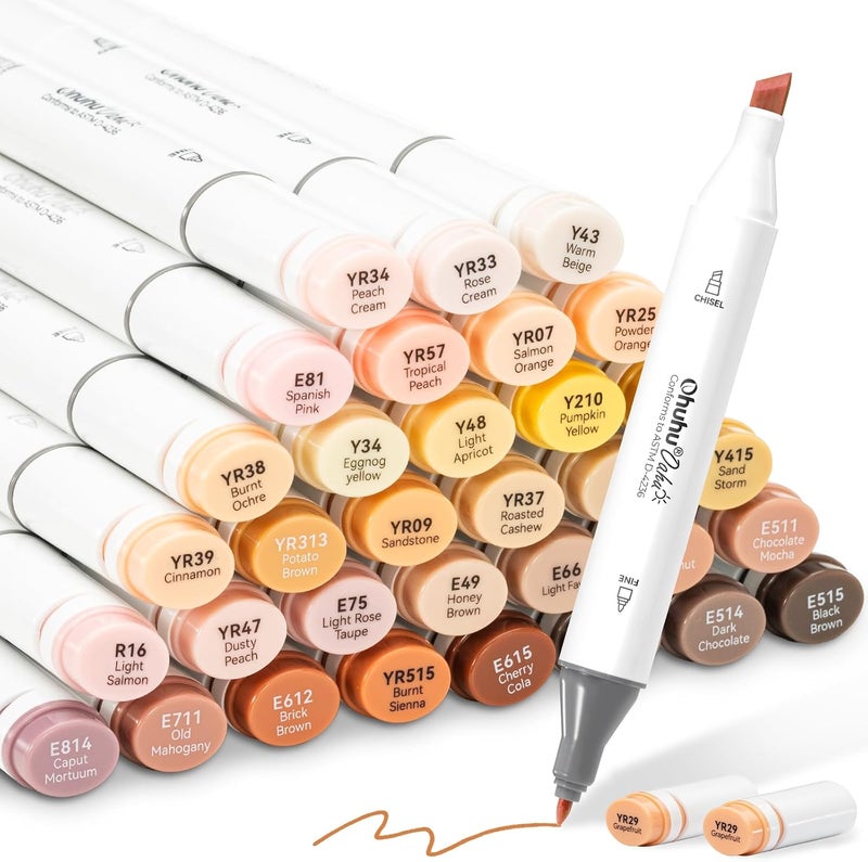 Ohuhu Alcohol Markers 36 Skin-Tone Colors: Chisel & Fine Dual Tips Marker Set for Artists - Image 1