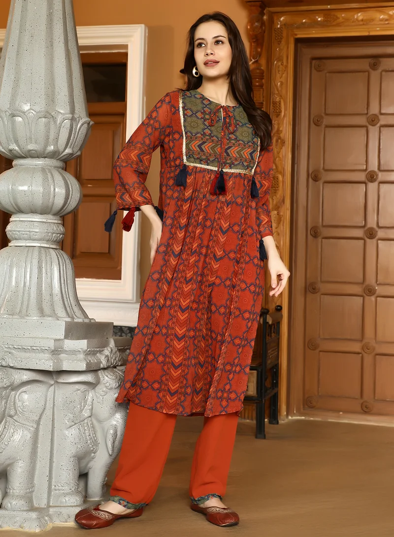 QISSA Women's Terracotta Orange Geometric Block Kurta With Trousers For Ethnic Wear | Round Neck , Quarter Sleeves | Geometric Print Plain Fabric | 2 Piece Kurta Set Designed For Casual & Daily Wear