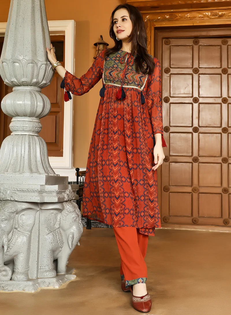 QISSA Women's Terracotta Orange Geometric Block Kurta With Trousers For Ethnic Wear | Round Neck , Quarter Sleeves | Geometric Print Plain Fabric | 2 Piece Kurta Set Designed For Casual & Daily Wear
