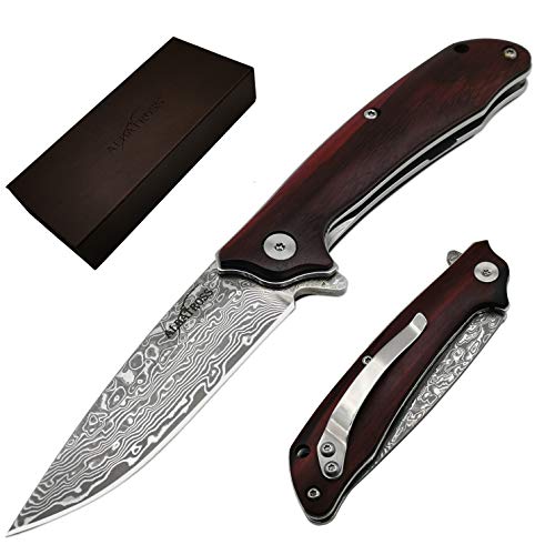 ALBATROSS 7" Ball Bearing Assisted Opening Pocket Knife - Red Sandalwood Handle & Modern Damascus Steel Blade - Premium Folding Knife with Gift Box - HGDK023 - Image 1