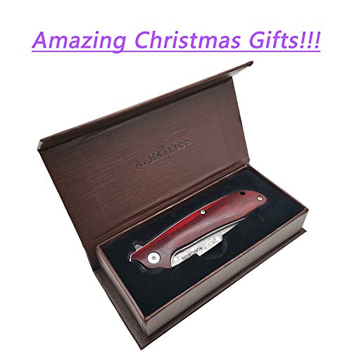 ALBATROSS 7" Ball Bearing Assisted Opening Pocket Knife - Red Sandalwood Handle & Modern Damascus Steel Blade - Premium Folding Knife with Gift Box - HGDK023 - Image 2