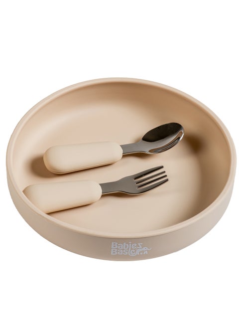 Babies Basic Silicone Feeding Set with Silicone Suction Plate, Spoon and Fork  - Beige