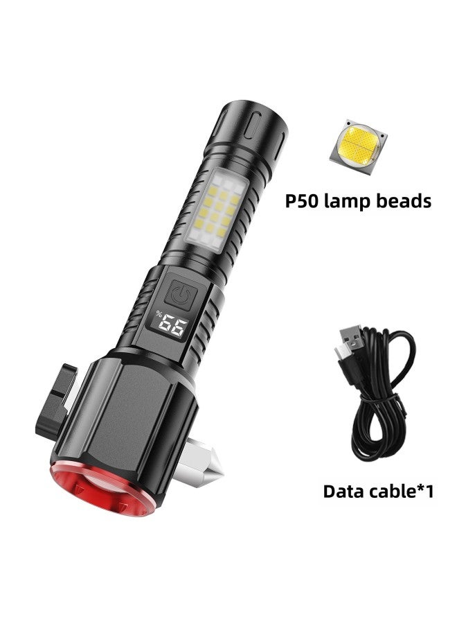 Flashlight Car Emergency Work Fire Rescue Escape Safety Hammer Strong Light Multi-function Flashlight-Color:P50 Lamp Beads [color Box Packaging Data Cable Tail Belt] A 18650 Battery  - Image 1
