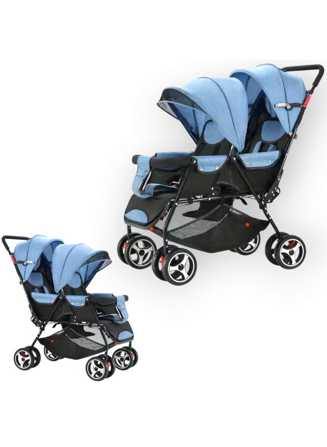 عربة أطفال قابلة للطي مع مقعدين قابلين للتعديل باللون الأزرق السماوي - Image 4